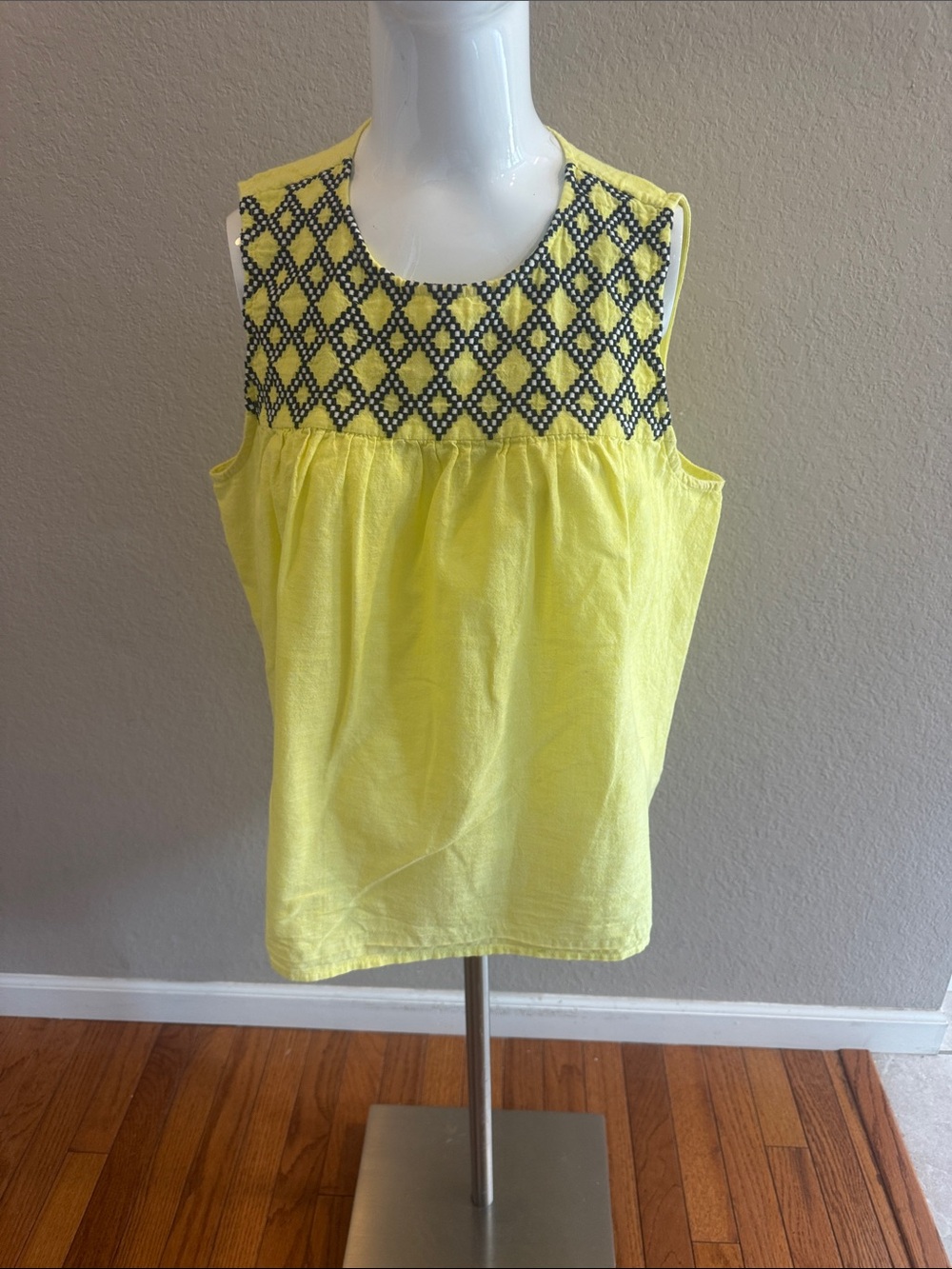 J. Crew Yellow Sleeveless Tank with Navy Diamond Embroidery